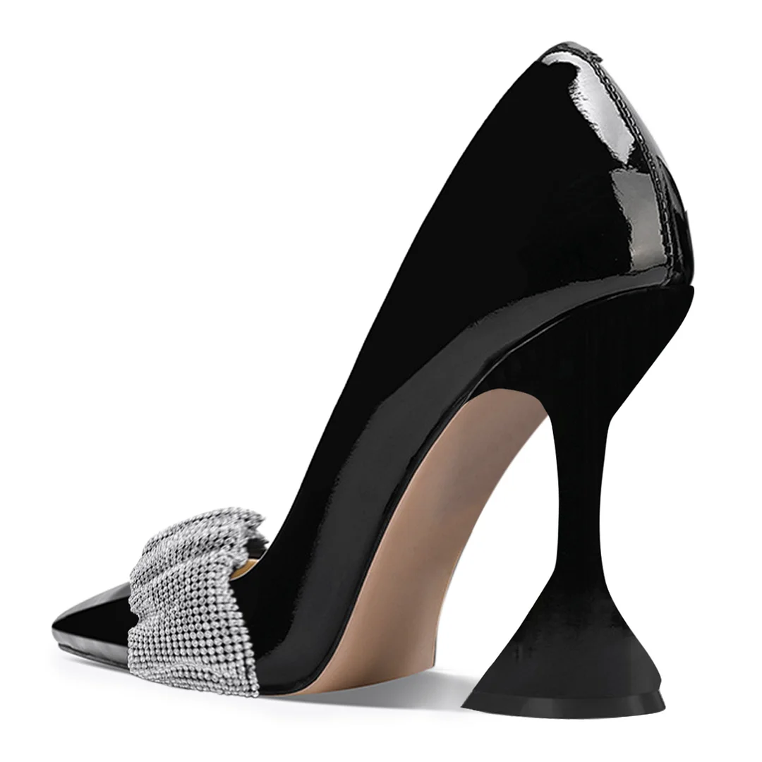 Patent Leather Rhinestone Band Inlay Classy Flared Heel Pumps in Black