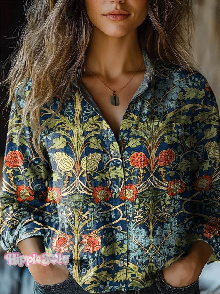 Women’s Vintage Lovely Floral Art Print Casual Long Sleeve Comfortable Cotton Shirt Multicolor / S