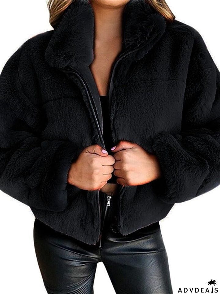 Comfortable Warm Full Zip Fastening Side Pocket Artificial Fur Cropped Coat