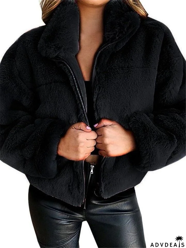 Comfortable Warm Full Zip Fastening Side Pocket Artificial Fur Cropped Coat