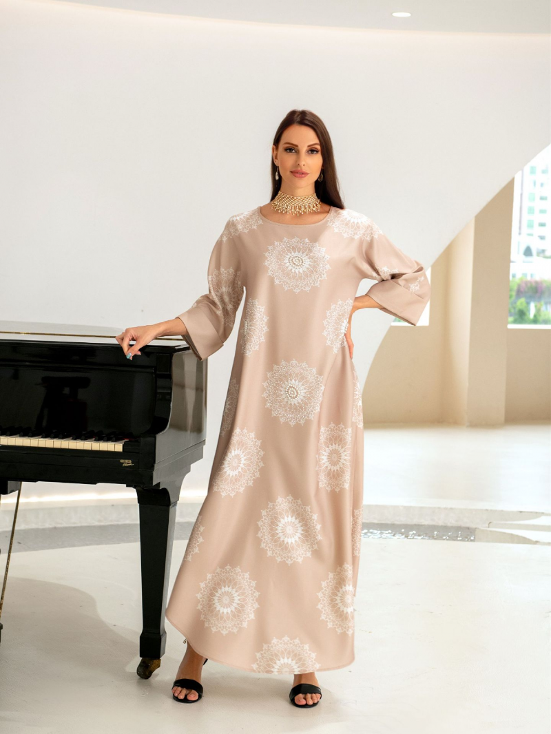Rhinestone Long Sleeve Floral Print Maxi Gown