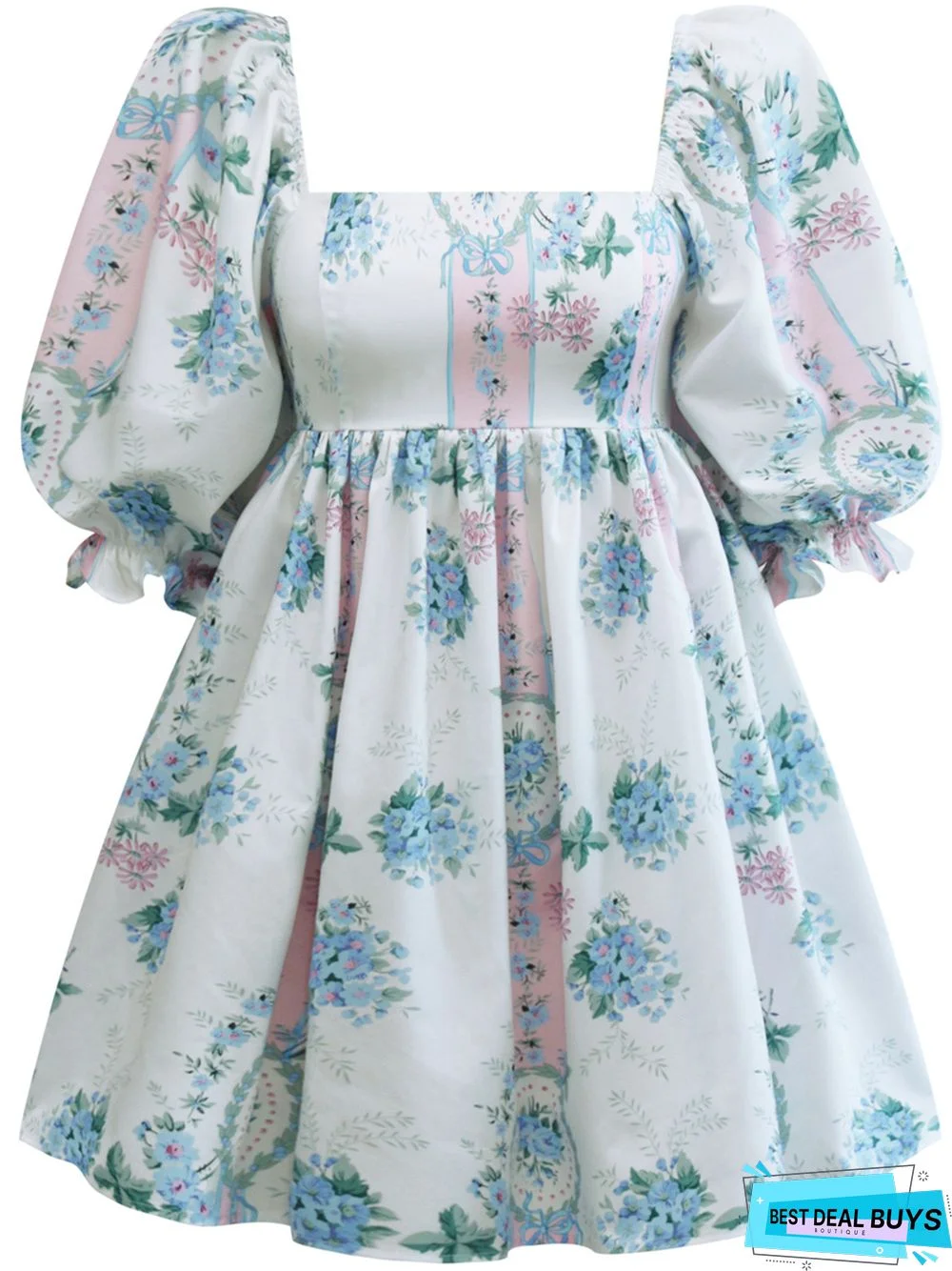 Printed Square Neck Lantern Short Sleeve Women's Dress Backless Fluffy French Princess Dress