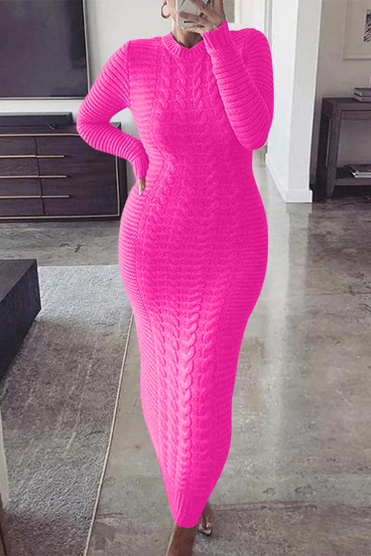 Xpluswear Plus Size Twisted Solid Color Long Sleeve Bodycon Sweater Maxi Dress(Ships In US)