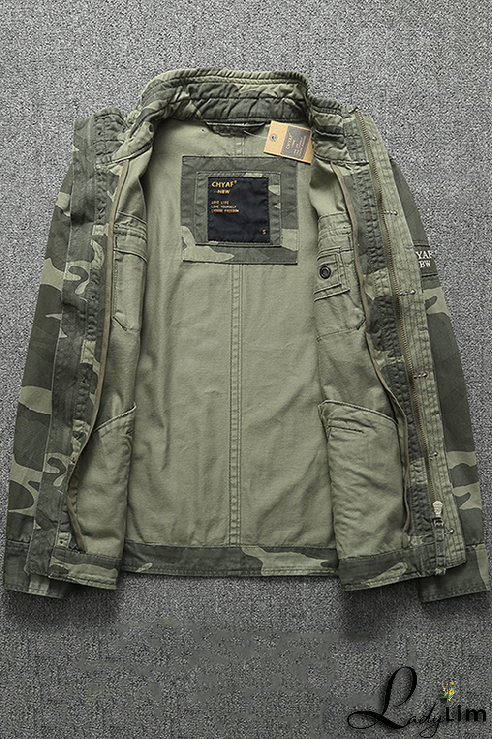 Green Fashion Casual Solid Camouflage Print Buckle Zipper Mandarin Collar Outerwear