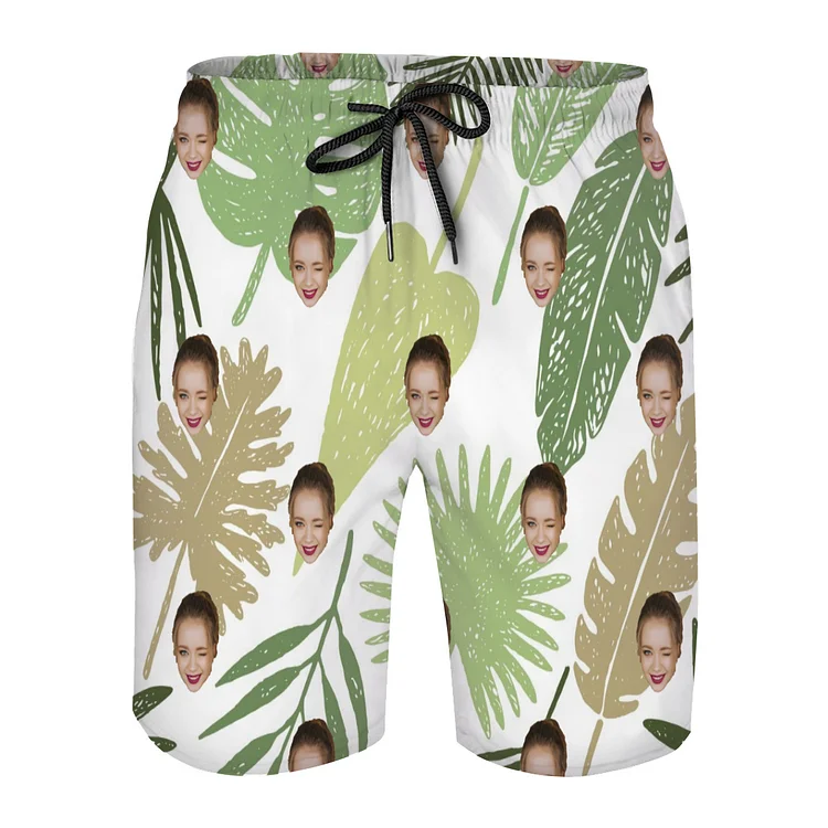 Men's Personalized Face Beach Shorts Leaf Pattern Men's Comfortable Beach Shorts Suitable for Boyfriends and Husbands