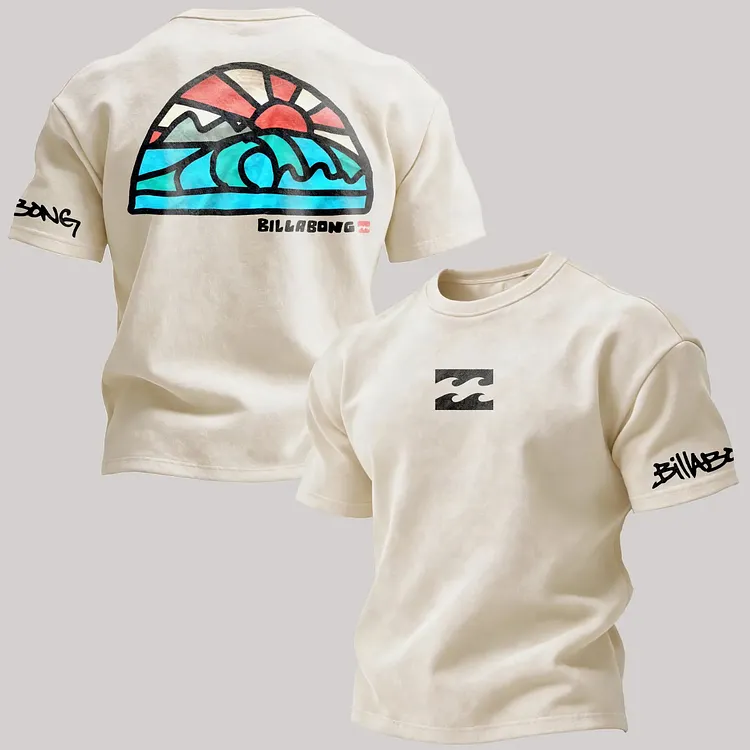 Stained Glass Style Mountain Sunset Wave Graphic Printed Men's Washed Tee