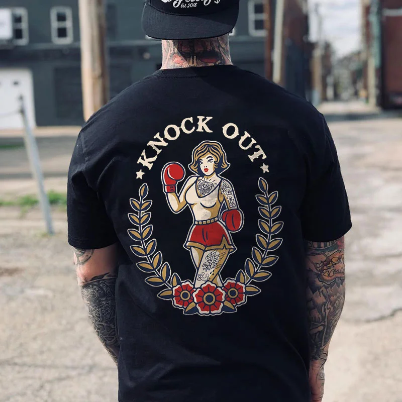 KNOCK OUT Boxing Lady with Tattoo Black Print T-Shirt