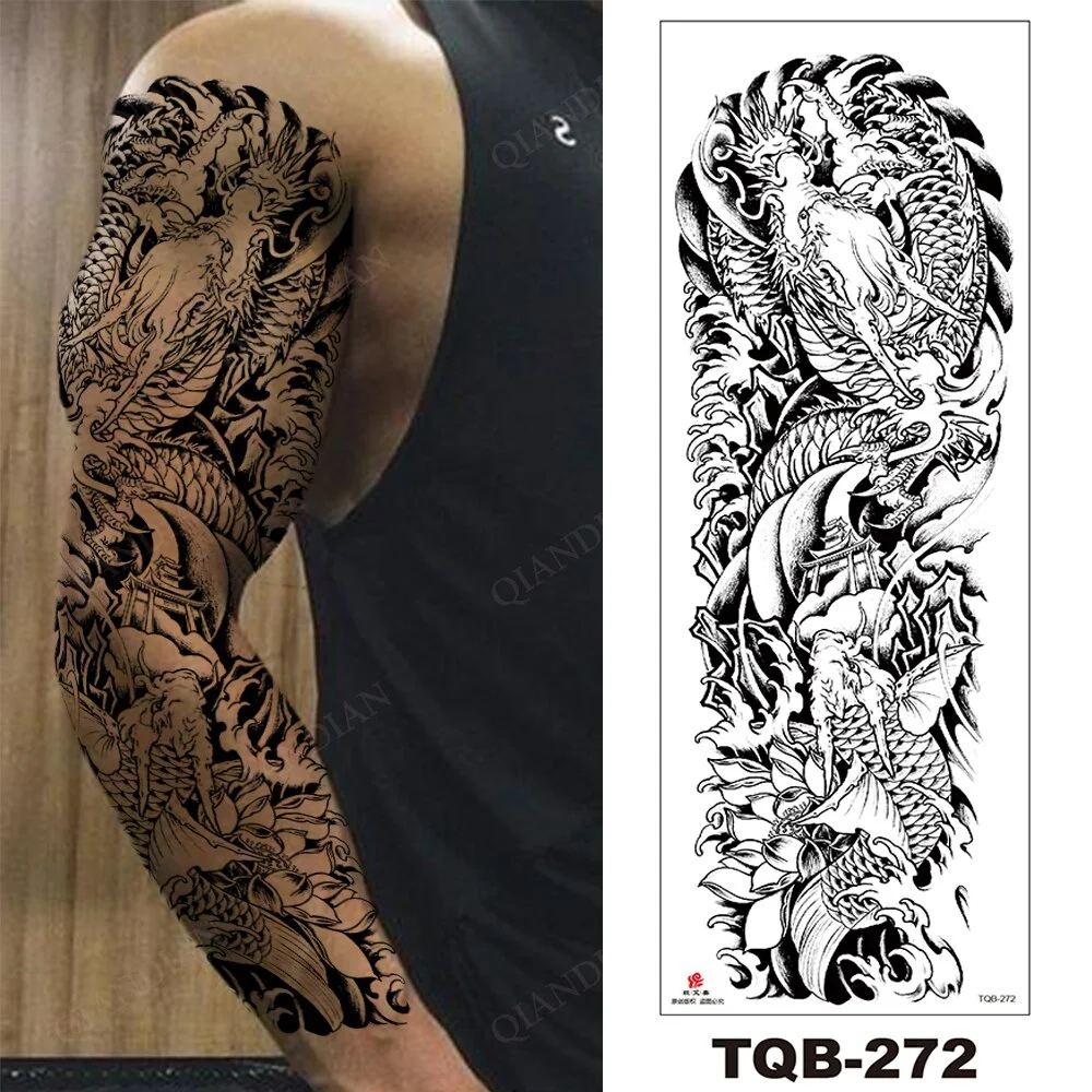 Sdrawing Arm Temporary Tattoo Wolf Lion Fish Horns Geometric Man Body Leg Rose Flower Phoenix Waterproof Sticker Cool Women Tatoo