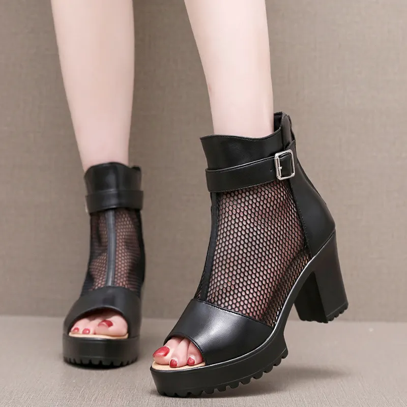 Breakj Breakj Mouth Net Sandals Women Summer High Heel Waterproof Table Zipper Mesh Shoes Fashion Women's Hollow Breathable Cool Boots