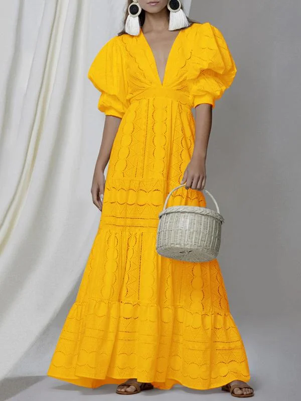 Deep V Puff Sleeve Lace Hollow Dress