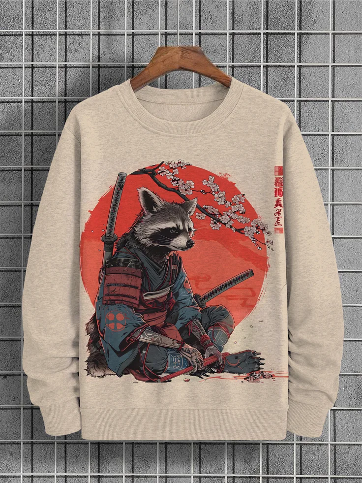 Men's Japanese Art Samurai Raccoon Print Casual Sweatshirt
