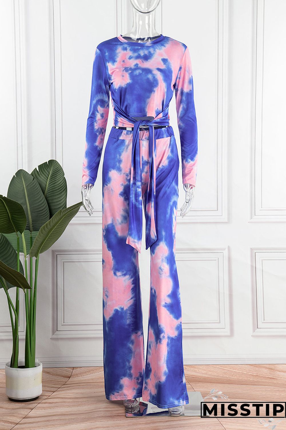 Deep Blue Casual Print Tie-dye O Neck Long Sleeve Two Pieces