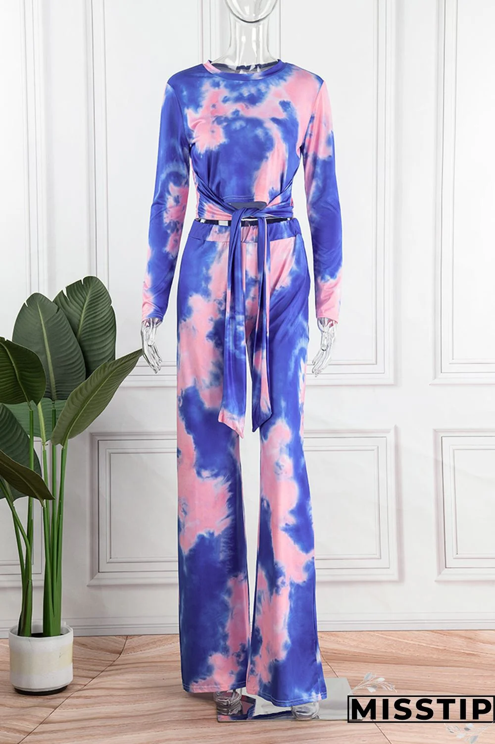 Deep Blue Casual Print Tie-dye O Neck Long Sleeve Two Pieces