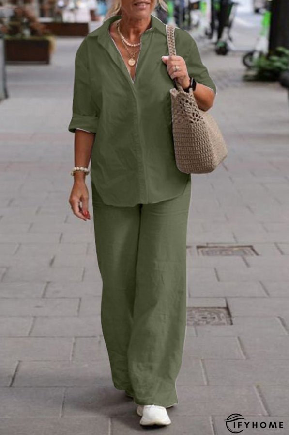 Solid Color Casual Long-sleeved Shirt and Elastic Waisted Loose Wide-leg Pants Set | IFYHOME