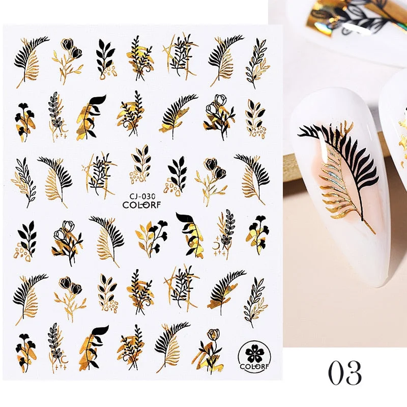 1 Pc White Gold Laser Leaves 3D Nail Stickers Leaf Cute Spring Sliders for Nails Flowers Adhesive Sticker Nail Art Design Decal-Nail Inspo