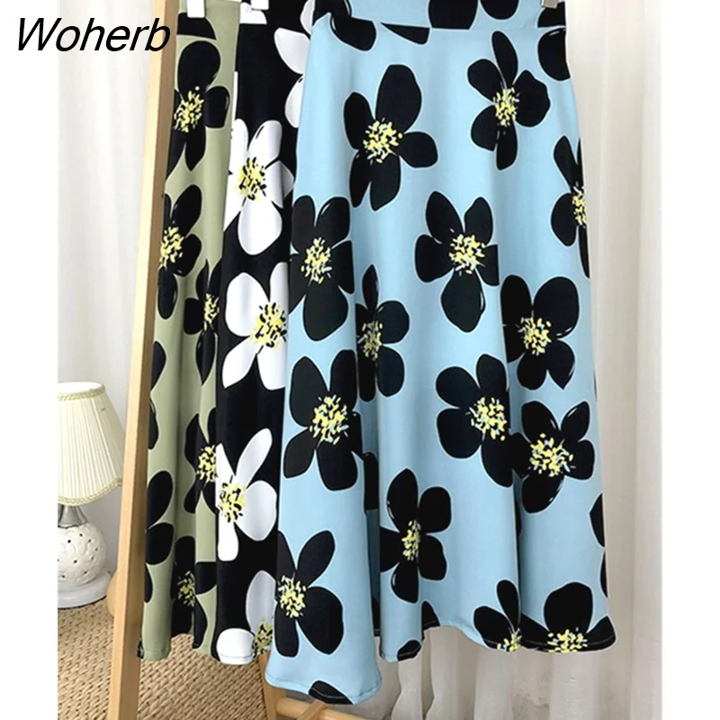 Woherb Spring Summer Floral Printed Tulle Mi-long Women Skirts New 2022 High Waist Loose Female Umbrella A-Line Skirts Ladies