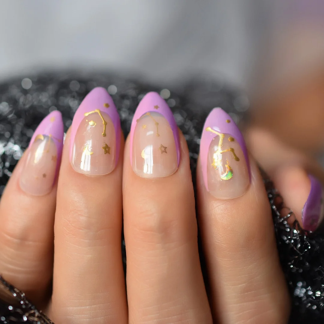 28pcs Nude Purple Short Almond Press on False Nails with Designs Gold Moon Starts Glossy Gel Fake Nails Finger Nail Decorations