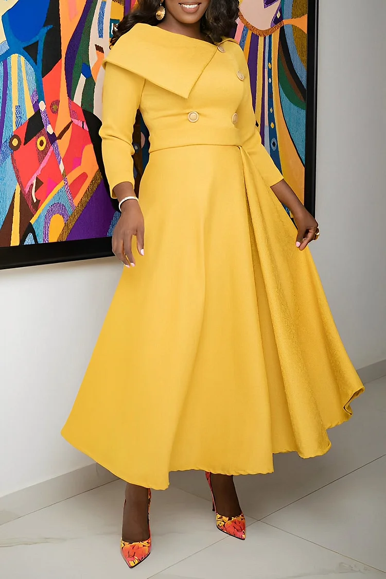Plus Size Semi Formal Maxi Dresses Elegant Yellow Fall Winter 3/4 Sleeve Cotton Maxi Dresses [Pre-Order]
