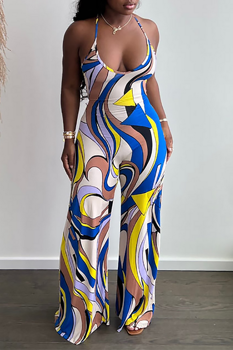Graphic Print Halter Neck Backless Wide Leg Jumpsuit-Yellow