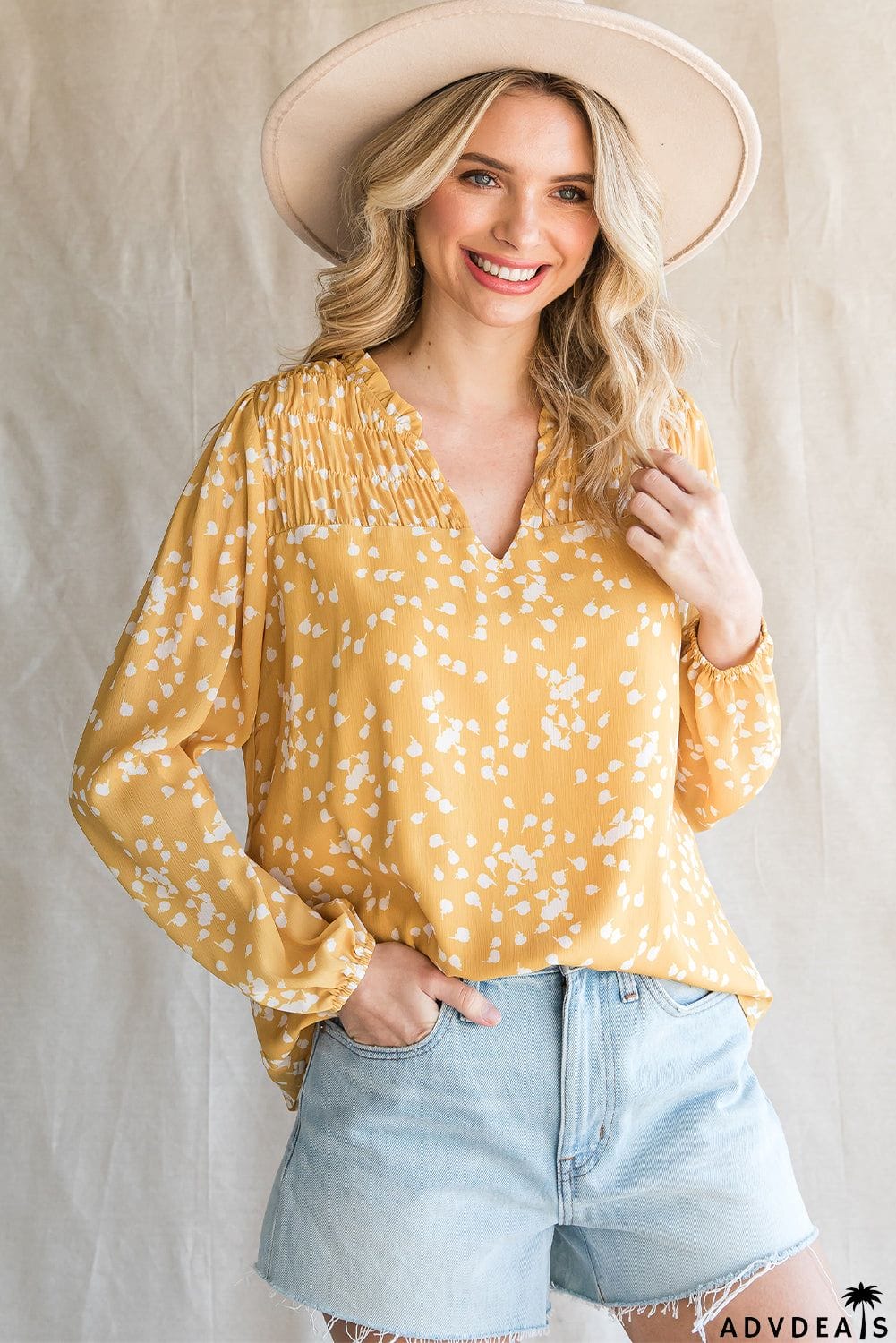 Printed Notched Neck Smocked Blouse