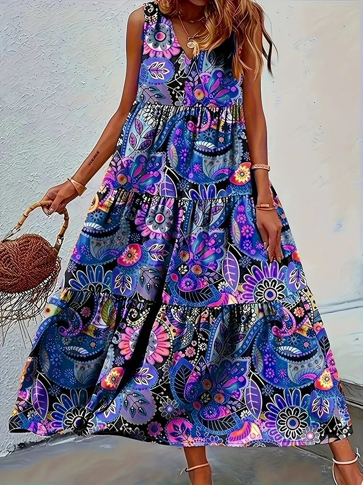 Vibrant Multicolor Floral Print Women's Elegant Casual V-Neck Sleeveless Dress | Lightweight Breathable Machine-Washable Mid-Stretch For Spring Summer Fall, Beach Vacation & Casual Outings, Summer Fashion, Nontransparent Fabric