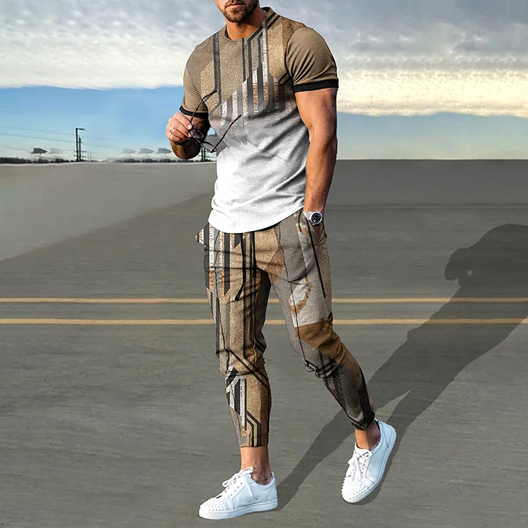 BrosWear Khaki Gradient Geometry Print T-Shirt And Pants Co-Ord