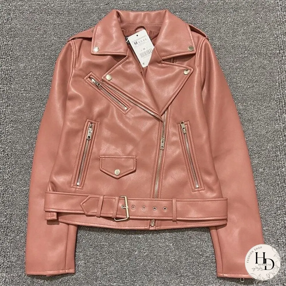 Chic Autumn Sashes Purple Womens Jacket Zipper Biker Coats Female Casual Outwear Tops