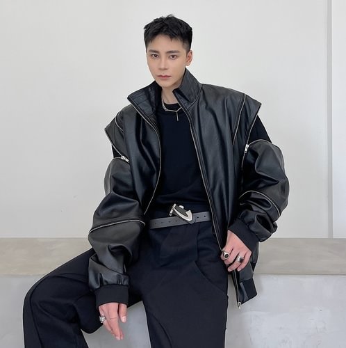-Zipper Stand Collar Leather Jacket Functional Wind Vest Jacket 3753P155-Dawfashion- Original Design Clothing Store-Halloween 2022