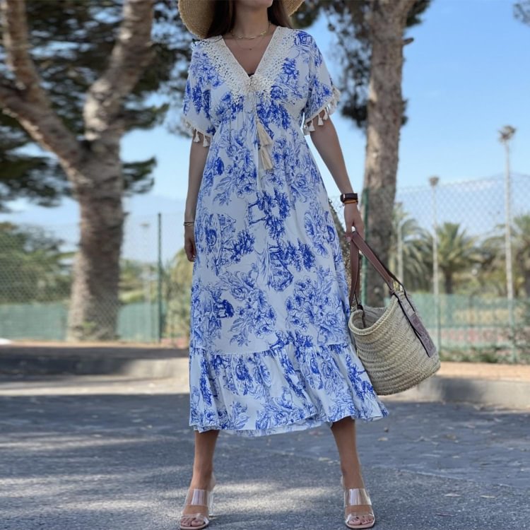 Blue Print Tassel Midi Dress
