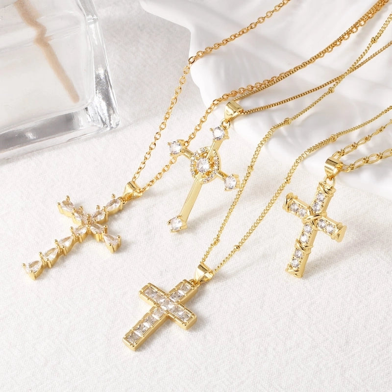 201 Stainless Steel Copper Cable Chain Box Chain 18K Gold Plated Inlay Cross Zircon Pendant Necklace