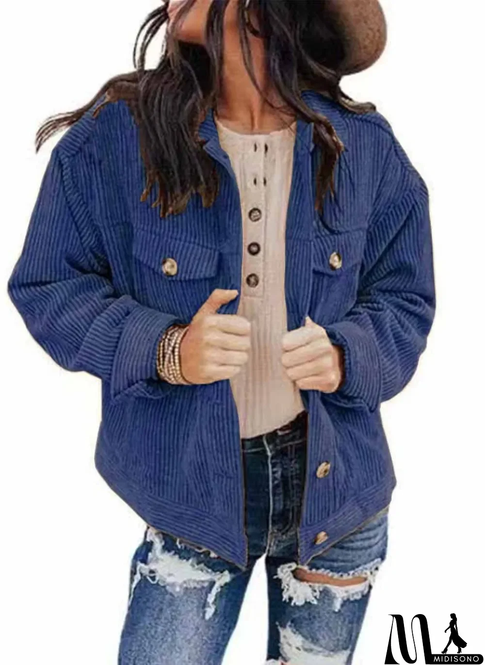 MidiSono - Winter Royal Button Up Long Sleeve Corduroy Coat