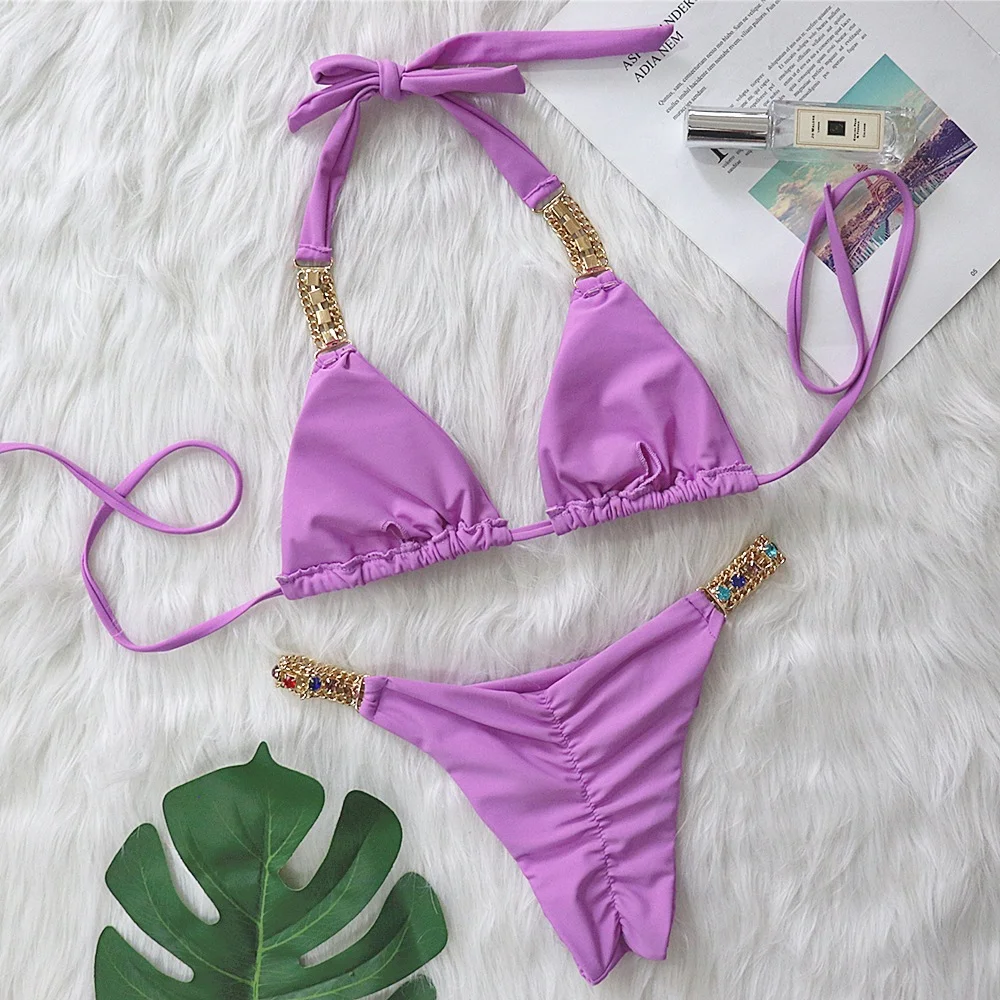 Uveng Uveng New Sexy Metal Accessories Rhinestone Solid Color Bikini Female Split Swimsuit Strap Swimsuit