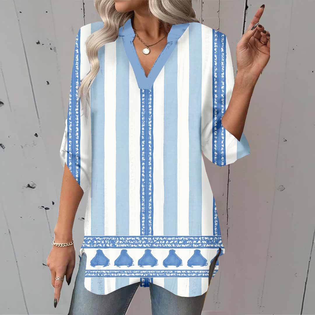 Women Striped, Blue DZGA0067 3/4 Sleeve V-neck Printed Graphic Button Tops