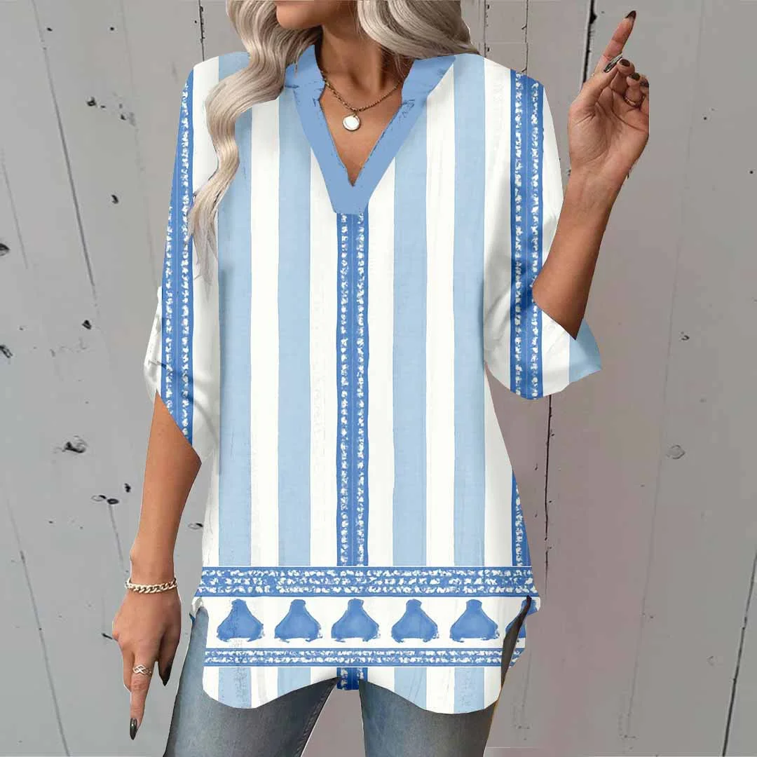 Women Striped, Blue DZGA0067 3/4 Sleeve V-neck Printed Graphic Button Tops