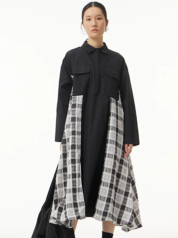 Stylish Contrast Color Plaid Split-Joint Shirt Dress Midi Dress