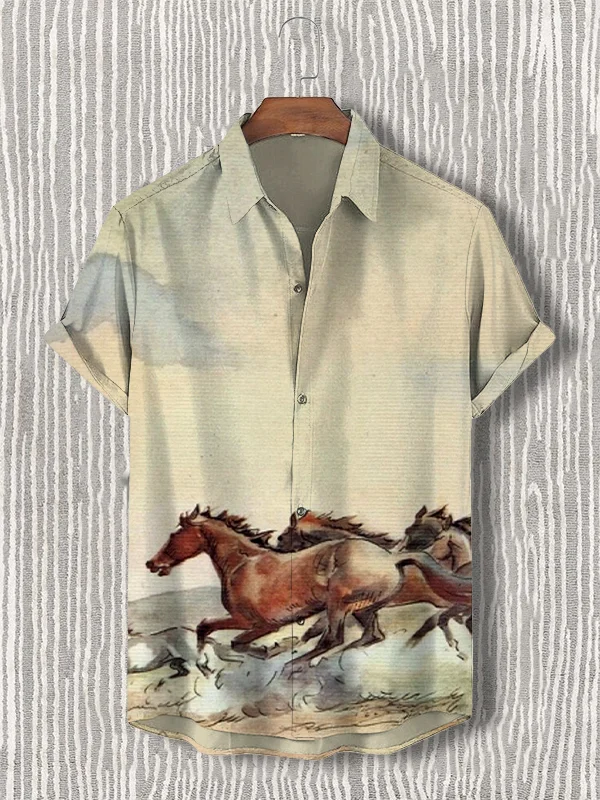 Men's Western Running Horse Pattern Print Retro Hawaiian Shirt