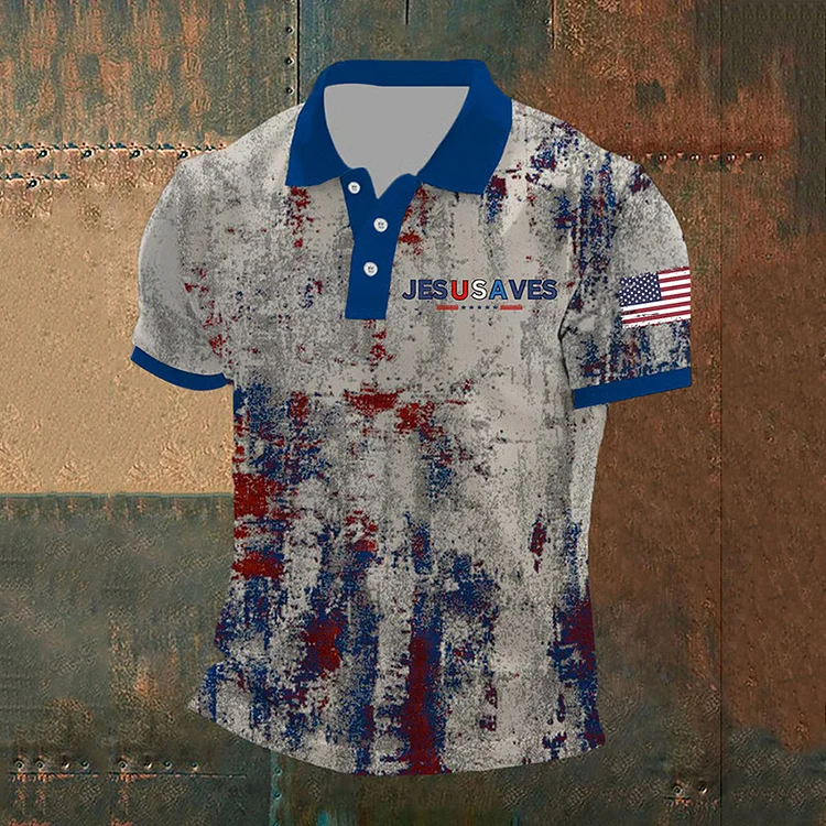 Men's Independence Day American Flag  Usa Jesus Saves Print Polo Shirt