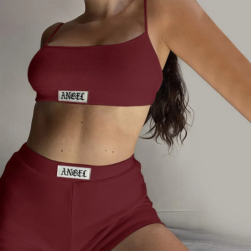 Weird Puss Sexy Embroidery Women Camisole Sporty+Biker Shorts Set Cotton Letter Print Elastic Tracksuit Fitness Holiday Clothing