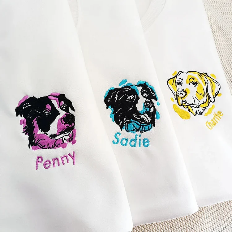 Colorful Embroidered Pet Portrait Crewneck, Custom Pet From Your Photo Embroidered Hoodie