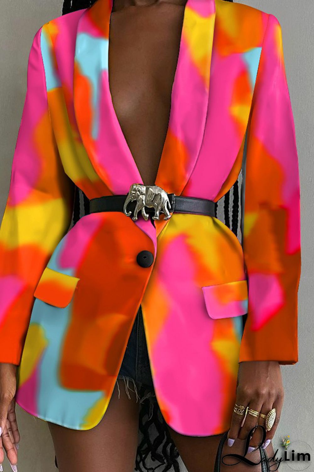 Multicolor Fashion Casual Print Patchwork Turn-back Collar Outerwear (Without Belt)