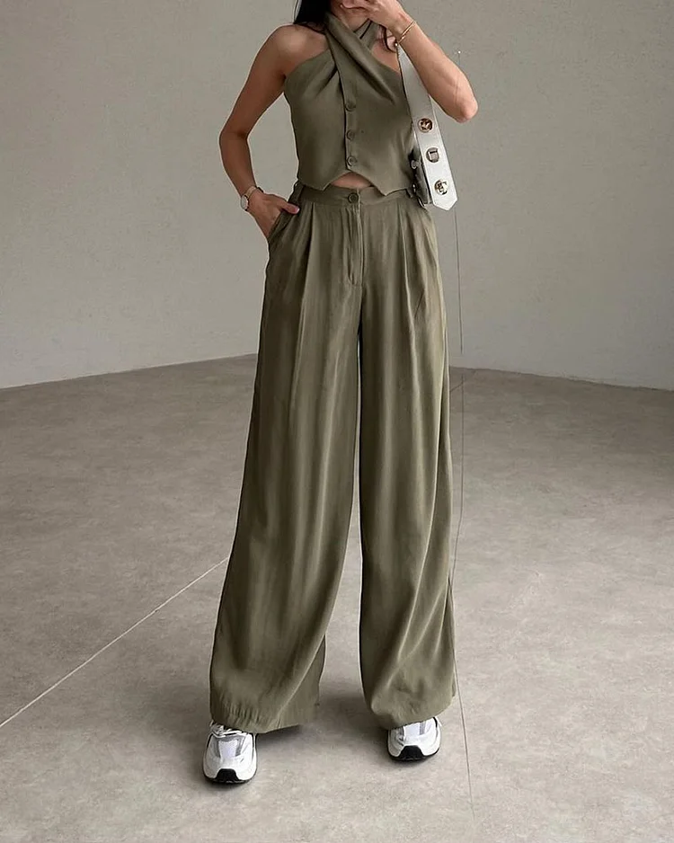 Crossover Halter Top and Pants Two-piece Suit