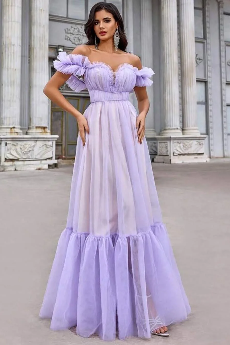 Miabel Shinning Purple Tulle Strapless Off the Shoulder Prom Dress with Ruffles 