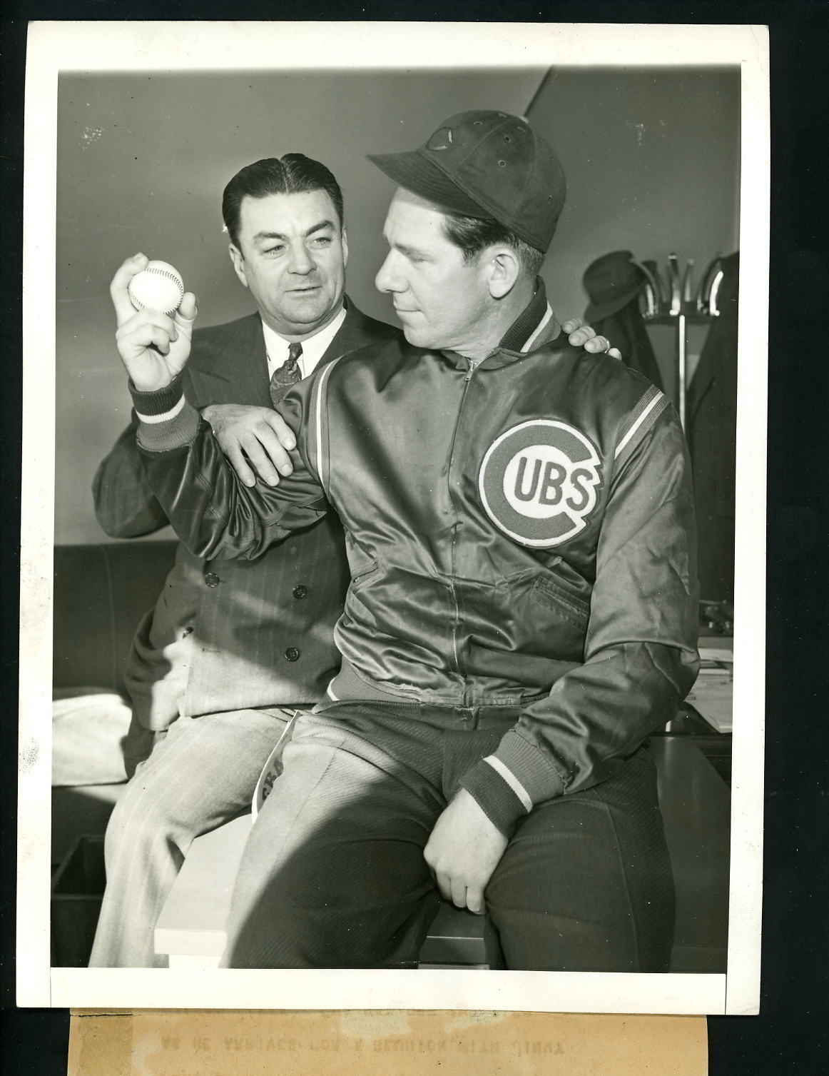 new Cubs pitcher Paul Deringer & Manager Jimmie Wilson 1943 Press Wire Photo Poster painting