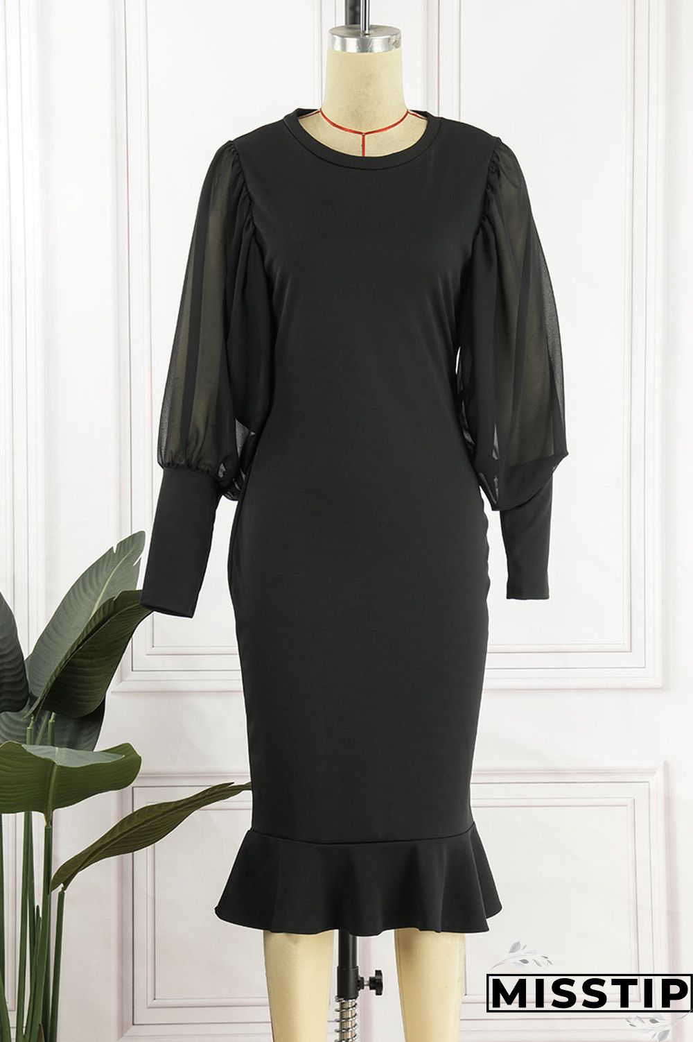 Black Casual Solid Patchwork O Neck Princess Dresses