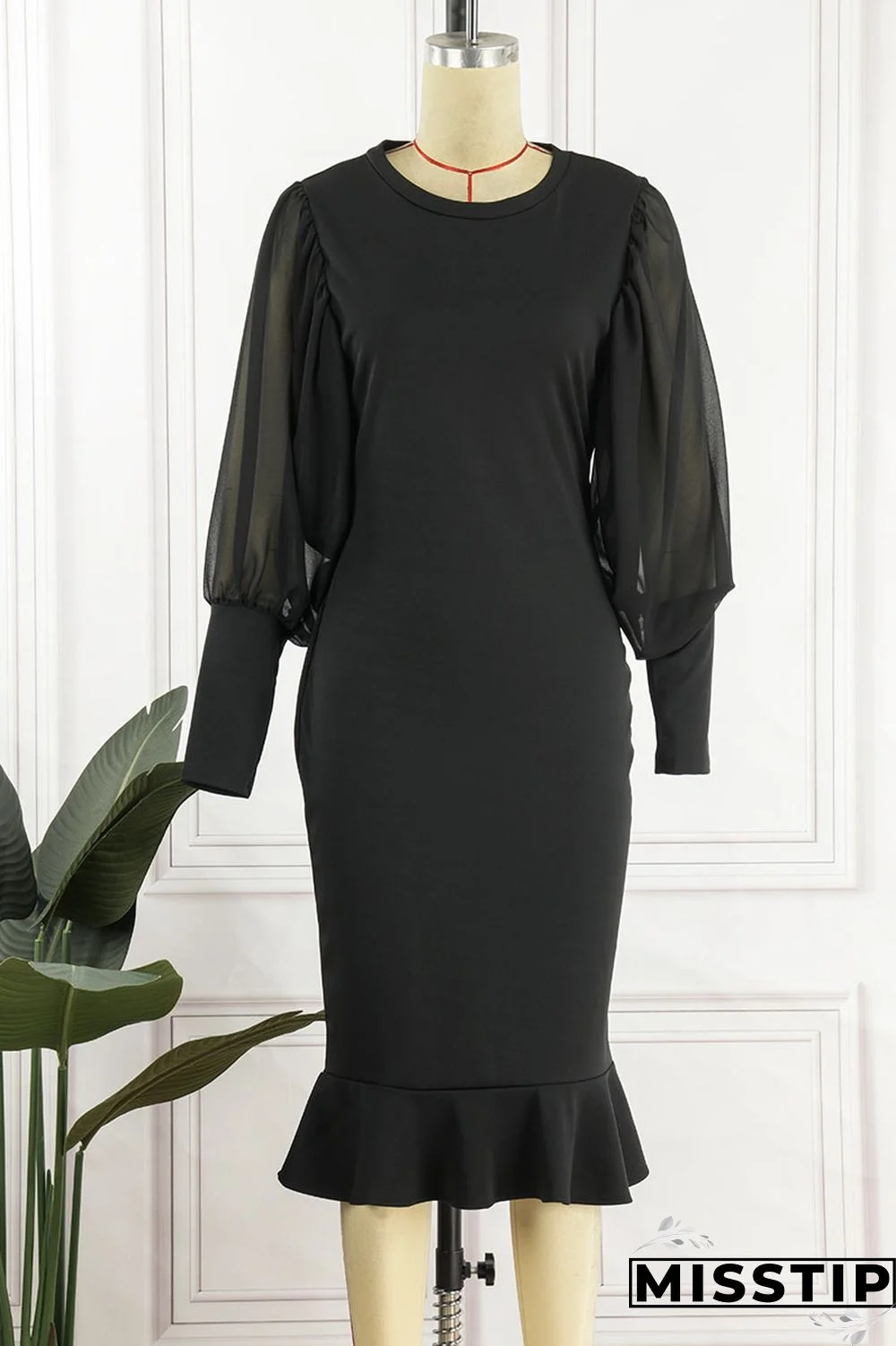 Black Casual Solid Patchwork O Neck Princess Dresses