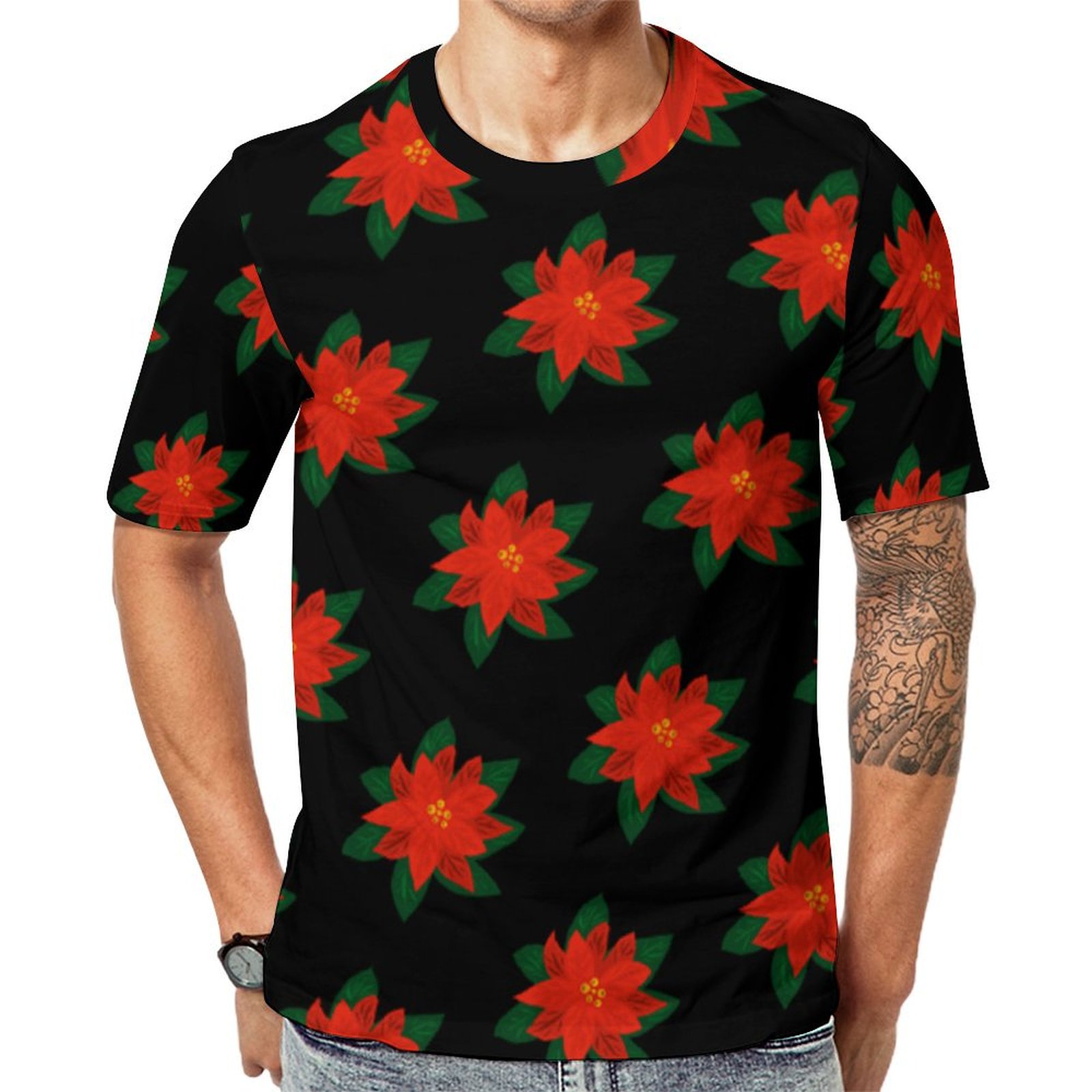 Elegant Christmas Poinsettia Flower Floral Short Sleeve Print Unisex Tshirt Summer Casual Tees for Men and Women Coolcoshirts