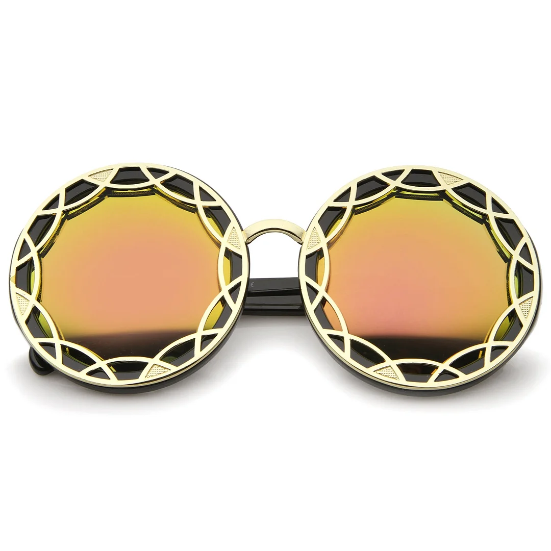 Women's Oversize Ornate Flat Pattern Color Mirror Lens Round glasses 55mm