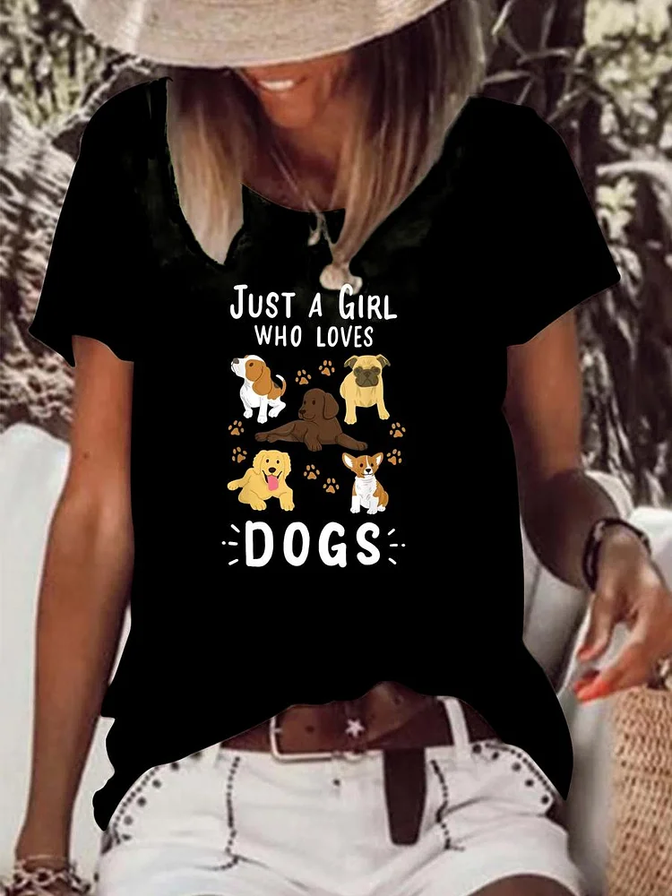 Just A Girl Who Loves Dogs Raw Hem Tee-Annaletters