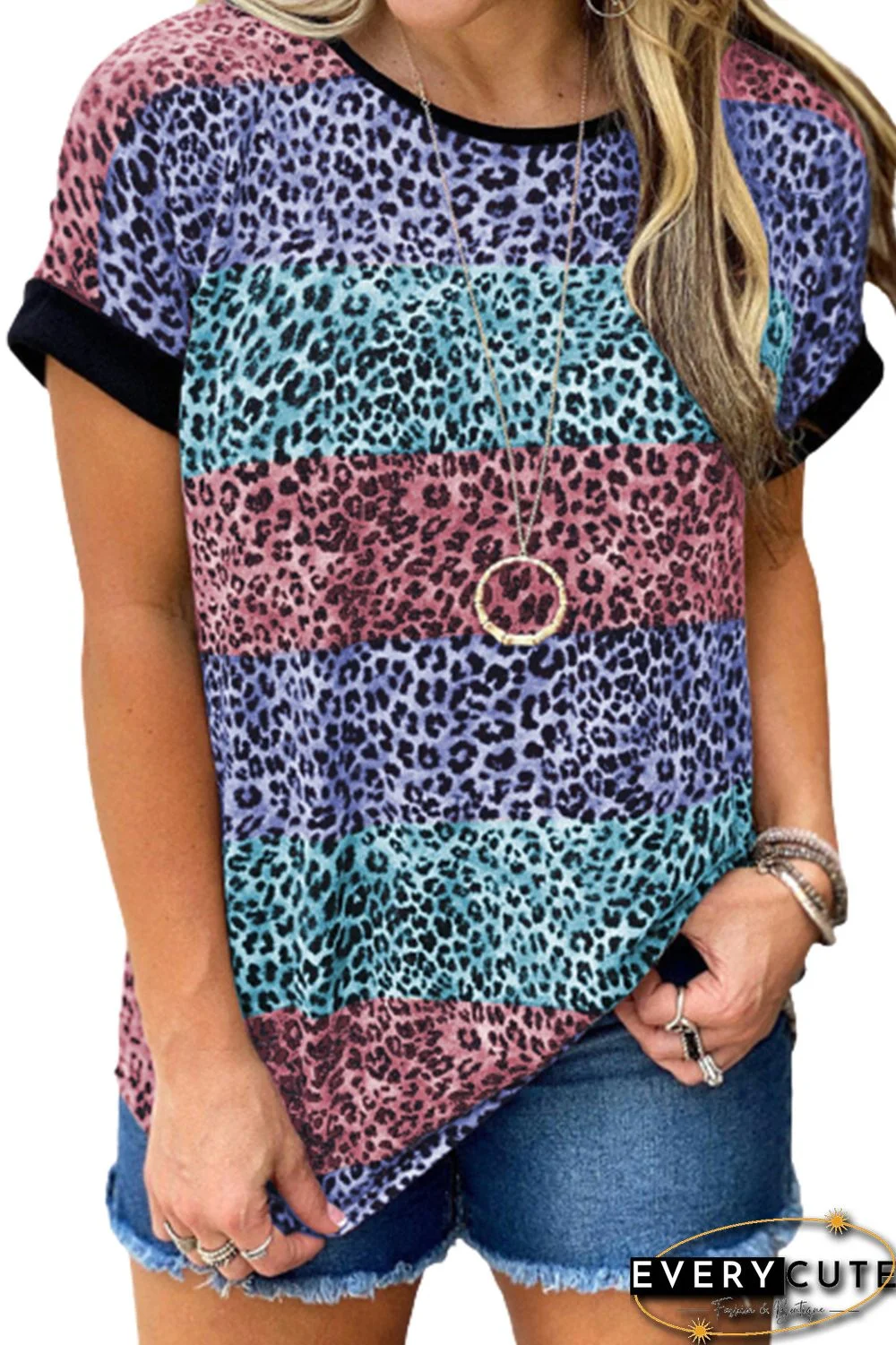 Multicolor Leopard Striped Colorblock T-shirt