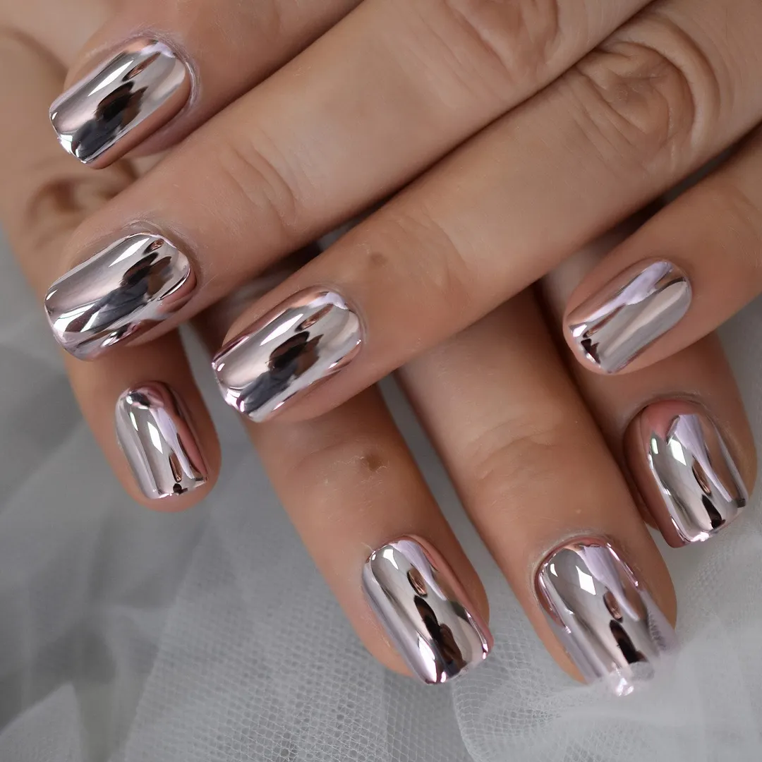 Metallic Mirror Shine Fake Nails Short Length Press On Round Nail Tips Silver-grey gel Nail Art Salon Tool DIY Kit-Nail Inspo